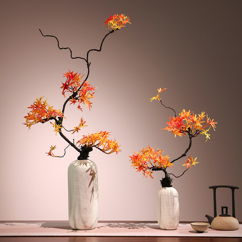 仿真绿植枫叶假花宋式茶室装饰玄关摆件高级感陶瓷花瓶组合盆景枫