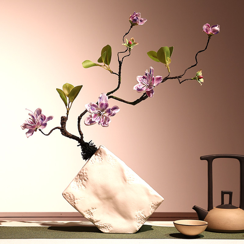 禅意仿真金丝兰花茉莉花枯枝桃花樱花陶瓷花瓶套装茶室客厅摆件花