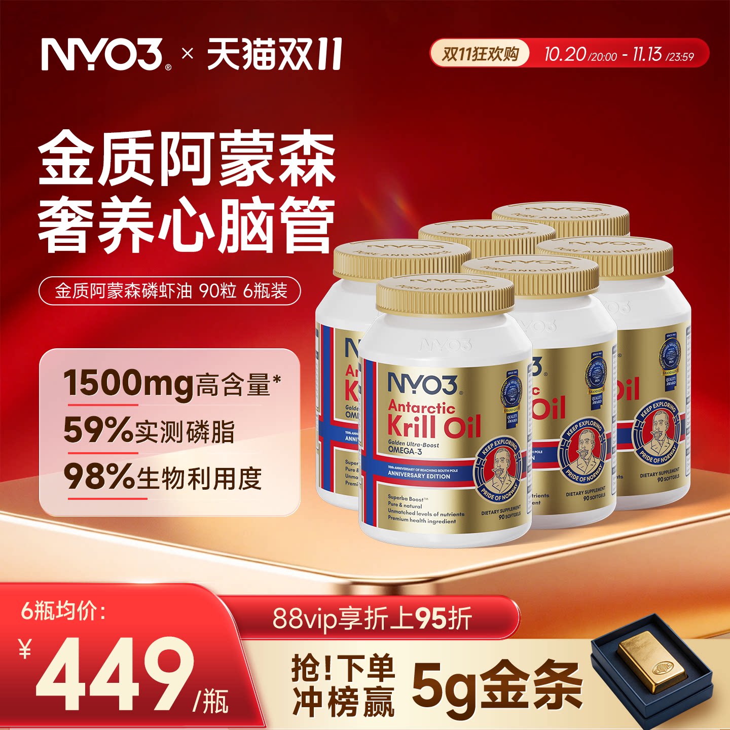 【6瓶大周期】NYO3金质阿蒙森磷虾油磷脂鱼油升级纪念版90粒 含虾量正实拍商品图