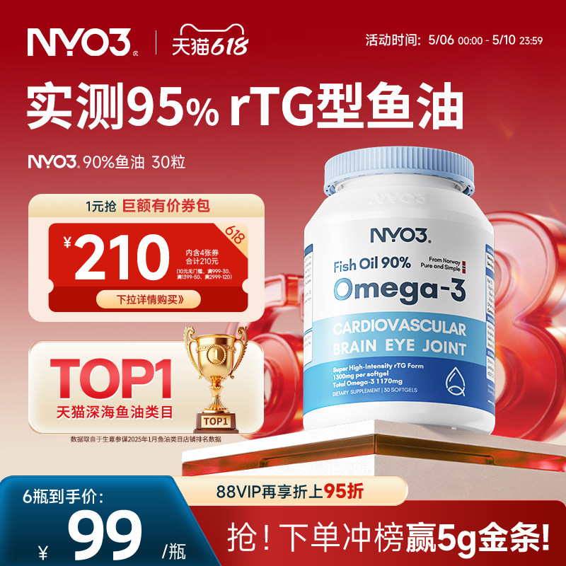 NYO3挪威品牌深海鱼油软胶囊中老年rTG高含量90%鱼油omega3护发心