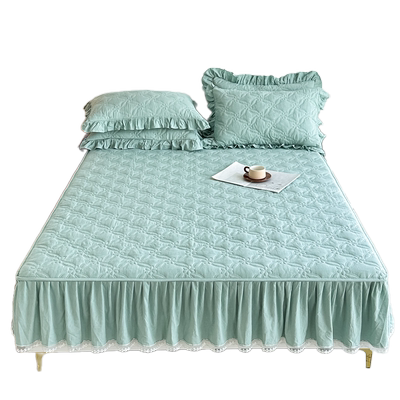 100全棉水洗棉夹棉床笠带裙边