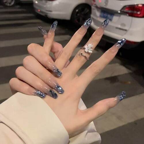【冰蓝极光】手工穿戴甲冰透纯欲轻奢风美甲可拆卸假指甲成品贴片