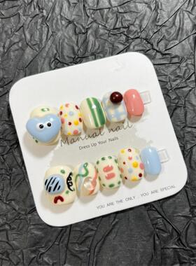 纯手工制作可爱卡通少女短圆穿戴美甲贴片可拆卸A275