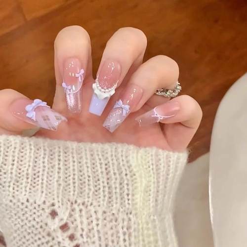 爆款甜美蕾丝蝴蝶结穿戴甲甲片法式猫眼温柔气质美甲