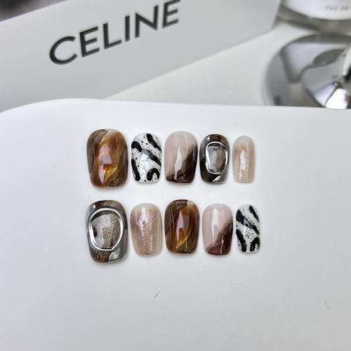 【斑马】手工穿戴甲片斑马条纹混合色简约猫眼指甲片分码