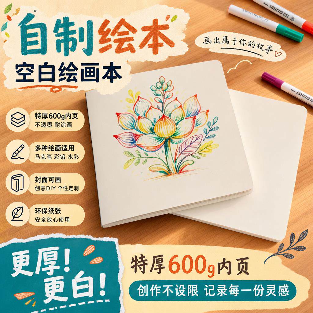 自制绘本空白册卡纸小学生专用白色硬正方形diy手工自制立体书手绘