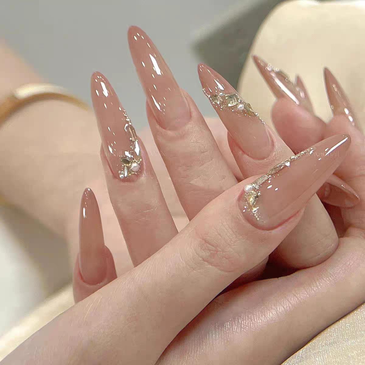 气质裸色美甲嬛嬛爆闪长款温柔百搭纯欲氛围感显白穿戴甲成品