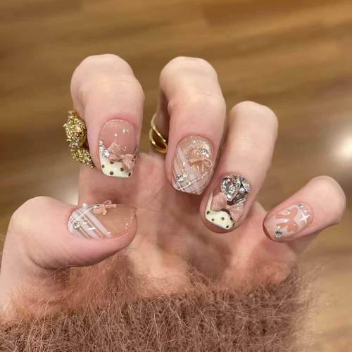 穿戴甲30片整条T132/S283奶油莉莉短梯法式芭蕾风猫眼高级感美甲