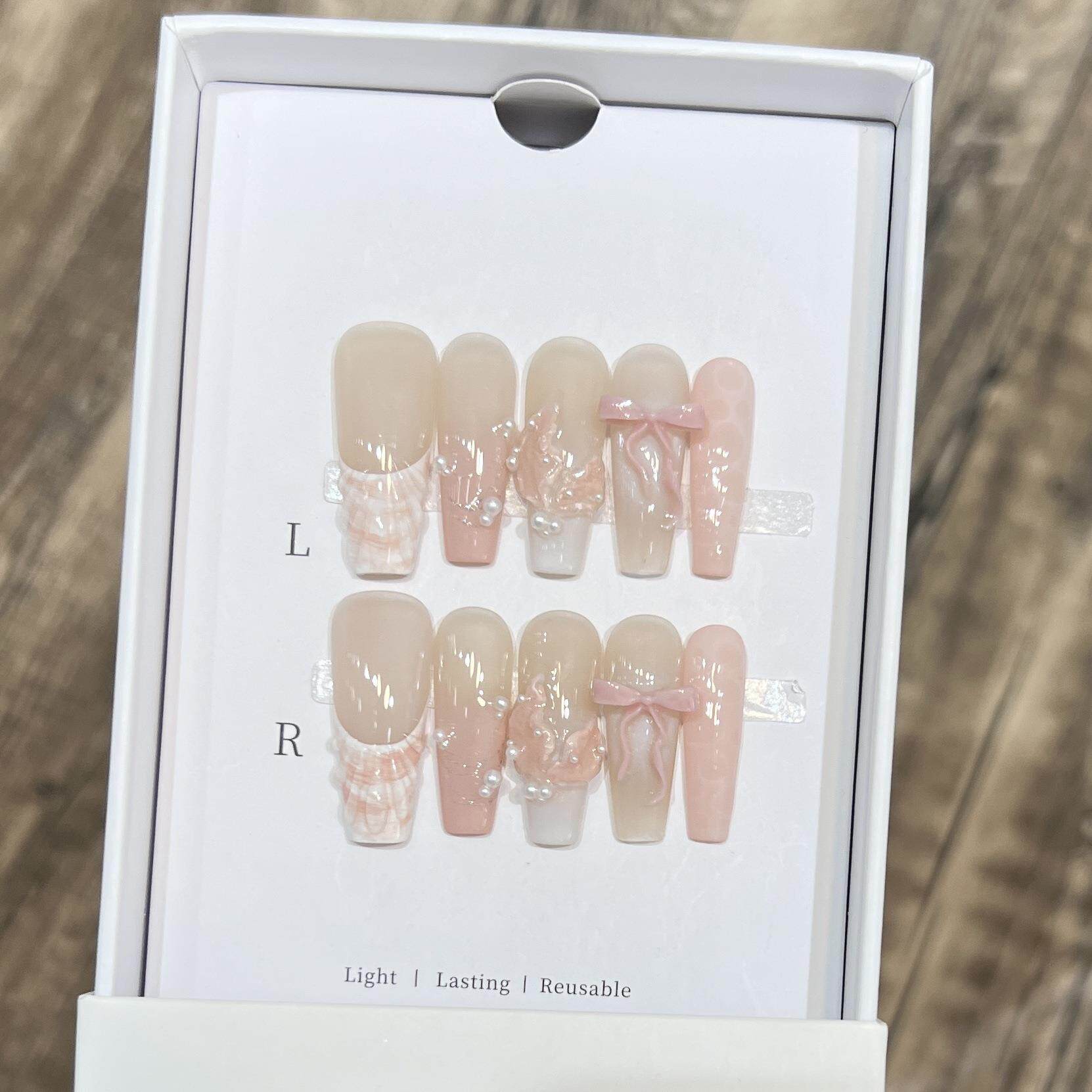 【粉海公主】纯手工穿戴甲高级感裸色法式鱼尾贝壳美甲珍珠蝴蝶,收纳整理,指甲油收纳盒,淘宝优惠券,粉丝福利购,淘宝优惠卷