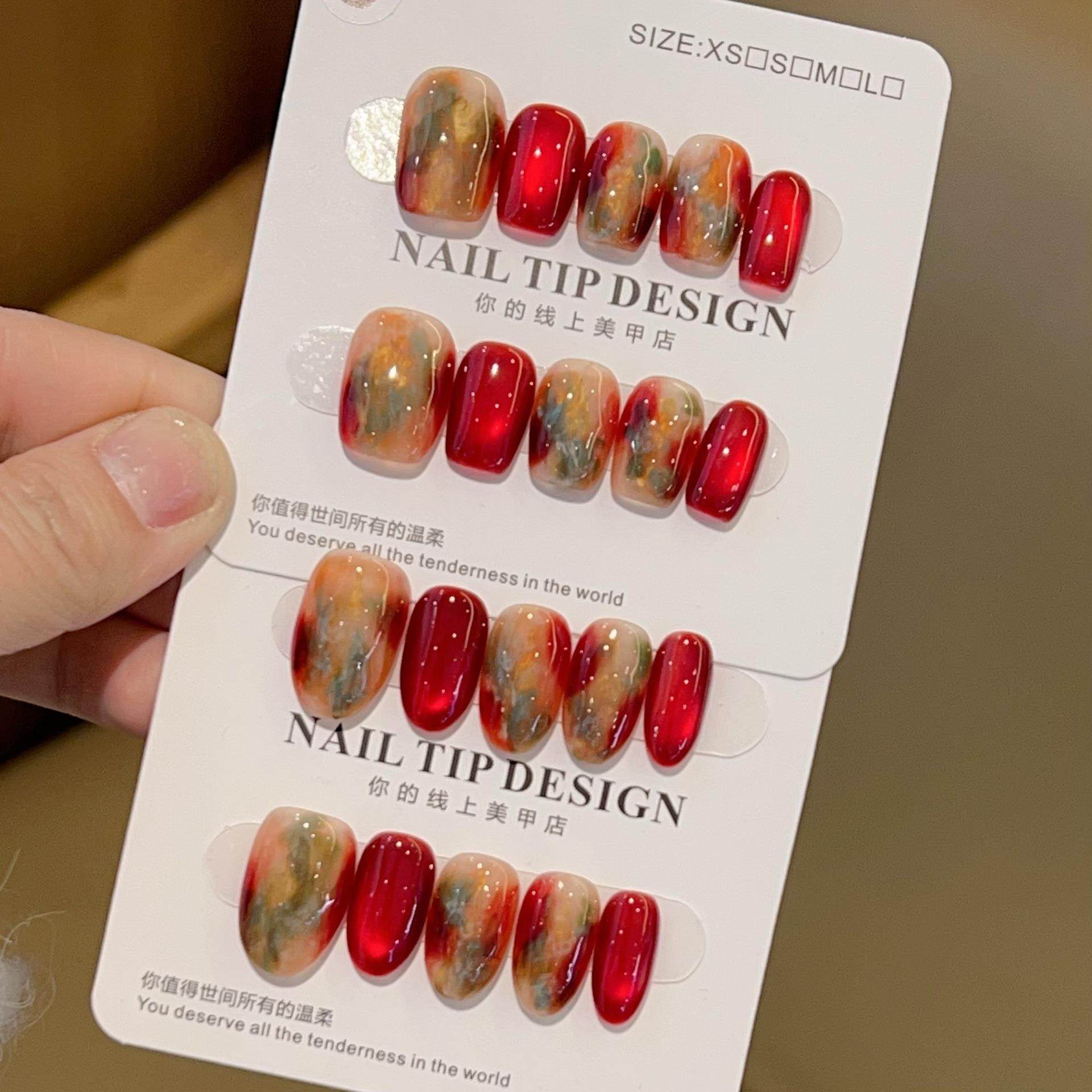 【赤霞敦煌】秋冬红宝石猫眼晕染纯手工穿戴甲Y837款带盒子工具包,收纳整理,指甲油收纳盒,淘宝优惠券,粉丝福利购,淘宝优惠卷