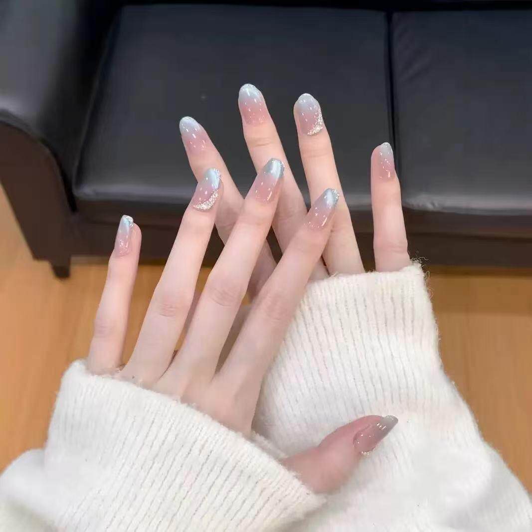 手工穿戴甲蓝色爆闪猫眼钻石美甲可拆卸假指甲贴片光疗甲成品甲片