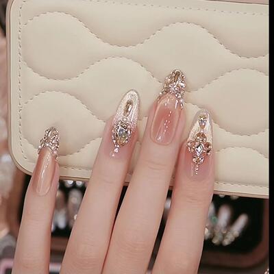 婧兔祺心长款穿戴甲纯手工甲片香槟爆闪美甲高级感网红美甲甲贴片