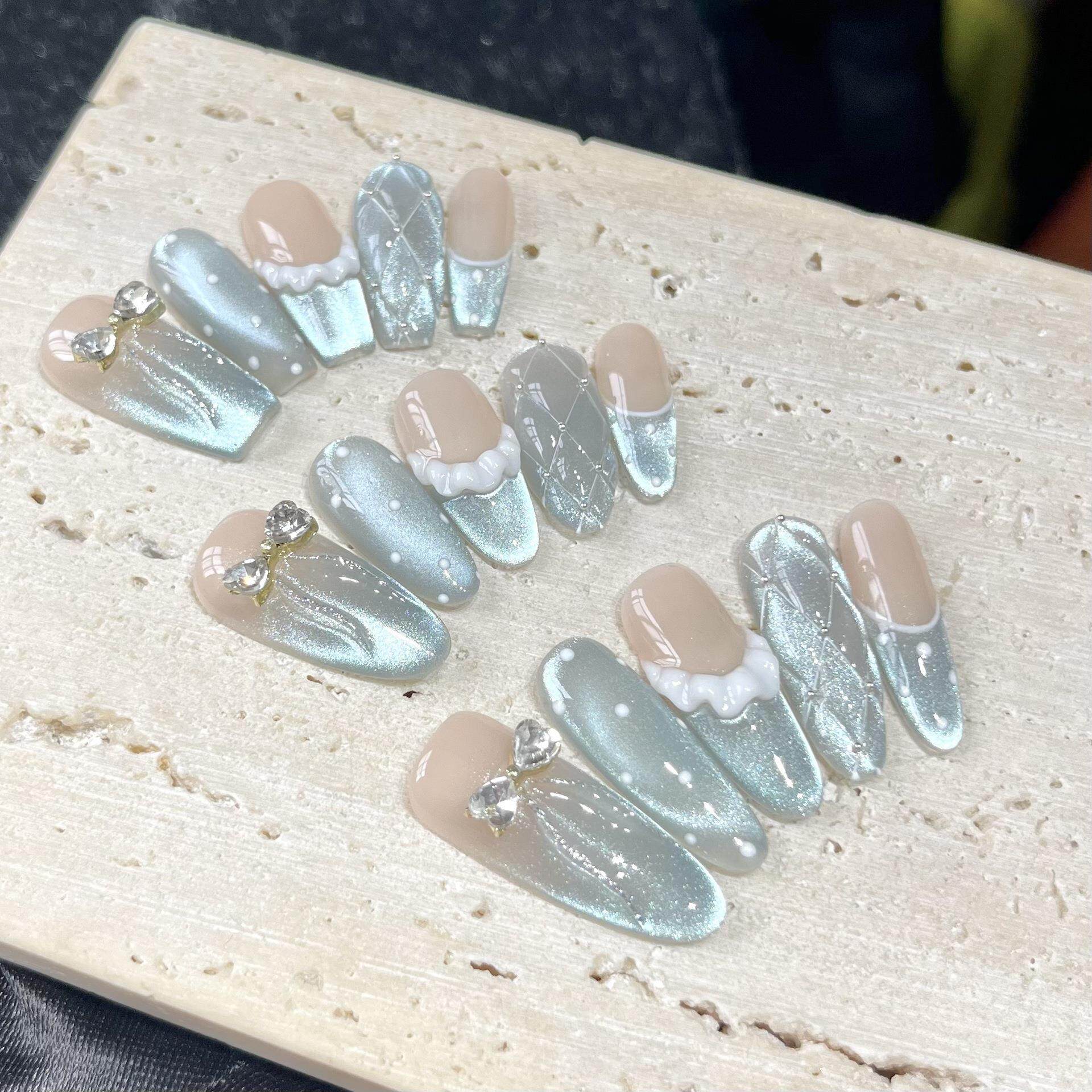 冰蓝格纹纯手工光疗穿戴甲清透蓝猫眼立体菱形格纹穿戴甲美甲贴片