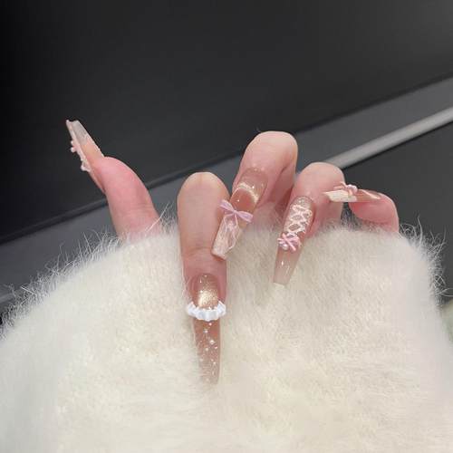 黛瑞森【芭蕾奶芙】穿戴甲纯手工温柔可爱裙边蝴蝶结猫眼美甲甲片