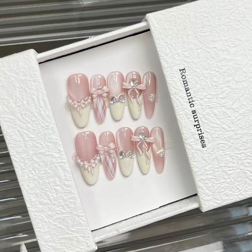【粉缎甜心】法式粉色猫眼蝴蝶纯手工穿戴甲气质美甲可拆卸美甲