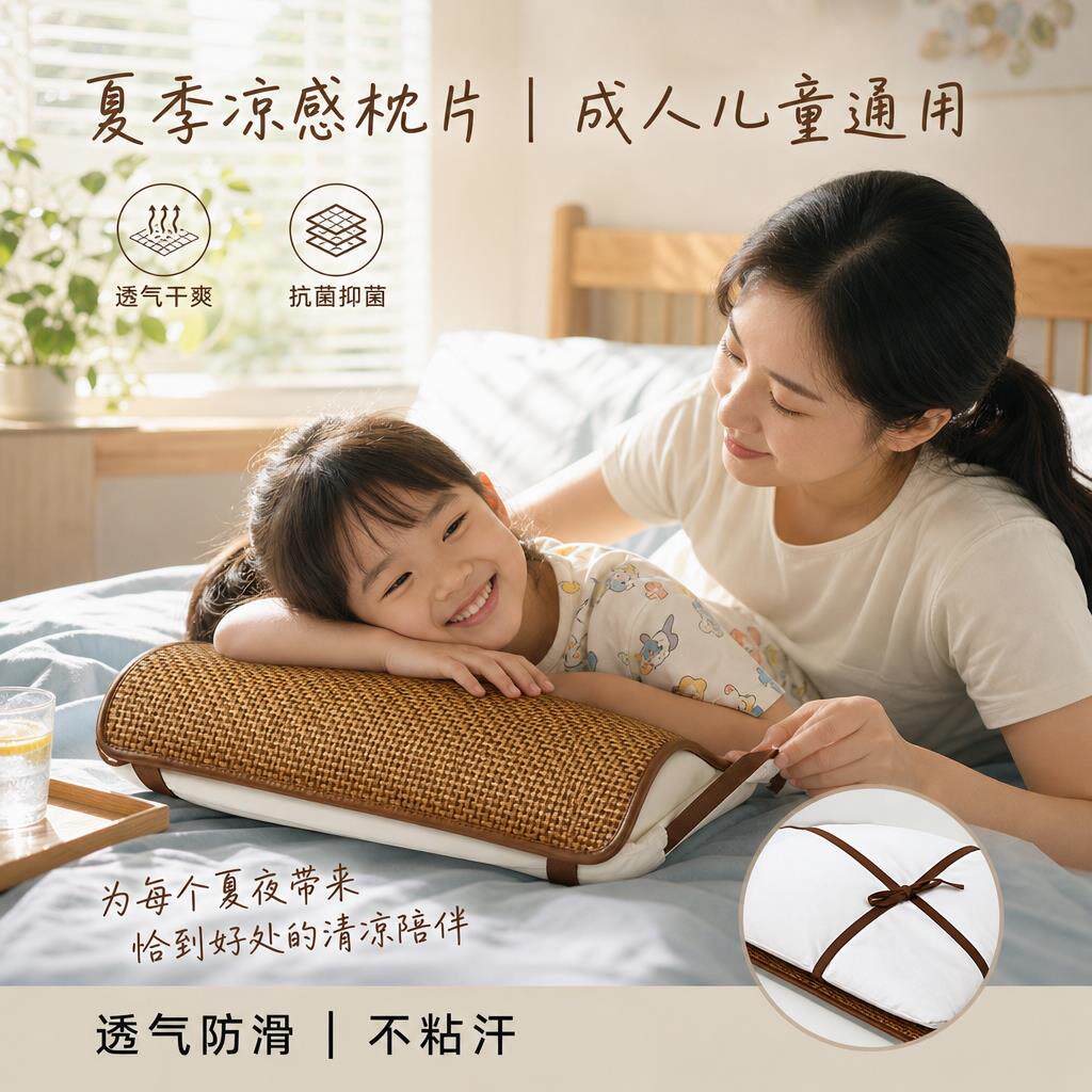 夏季透气藤席枕片成人清凉枕套宝宝儿童柔软凉席枕巾单个居家枕席