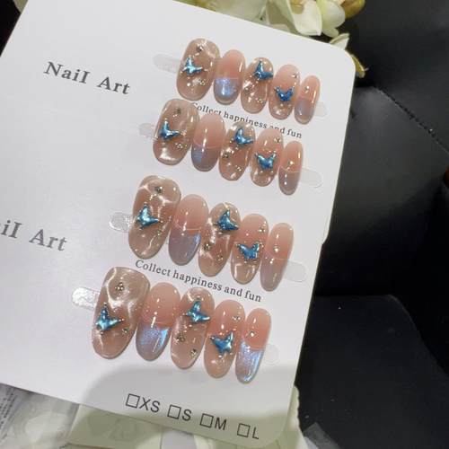 【琉光蓝蝶】裸粉渐变琉璃极光蝴蝶穿戴甲甜美清新短款美甲贴片
