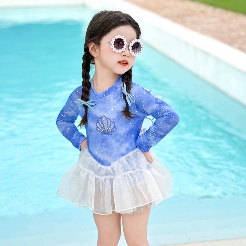 女童泳衣夏季2025新款儿童女款连体泳装女孩夏装长袖速干游泳服装
