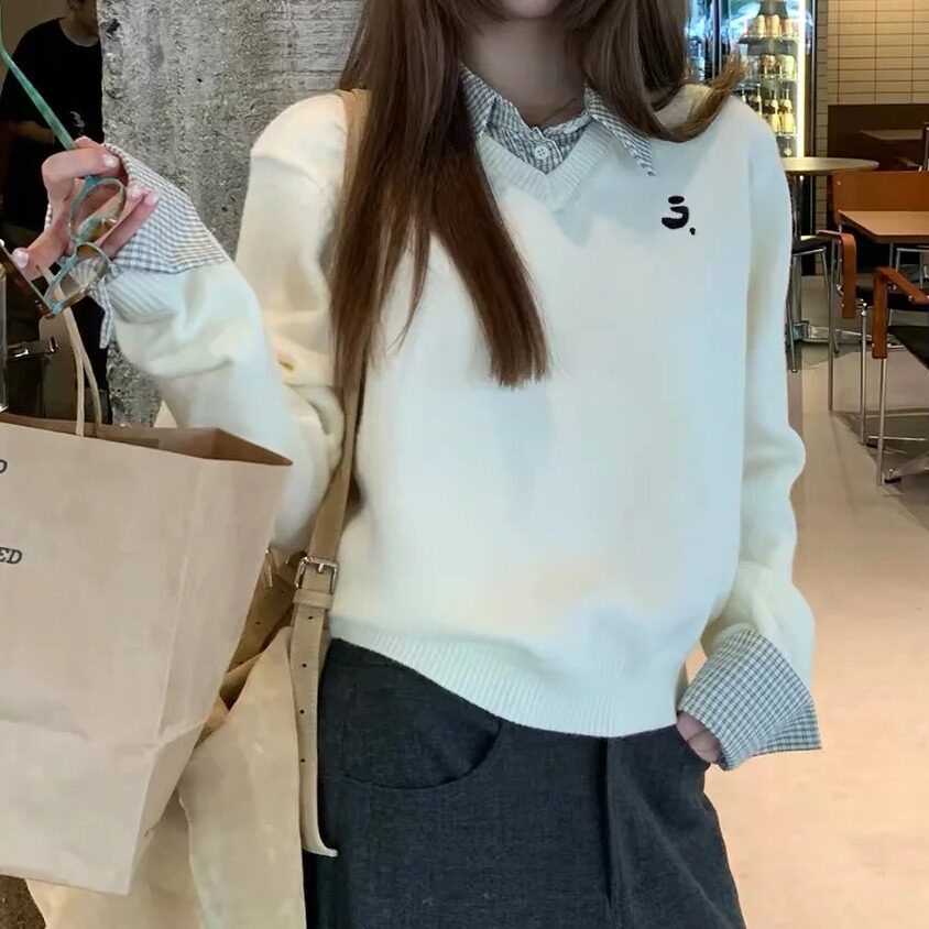 秋冬红白假两件慵懒百搭毛衣女款