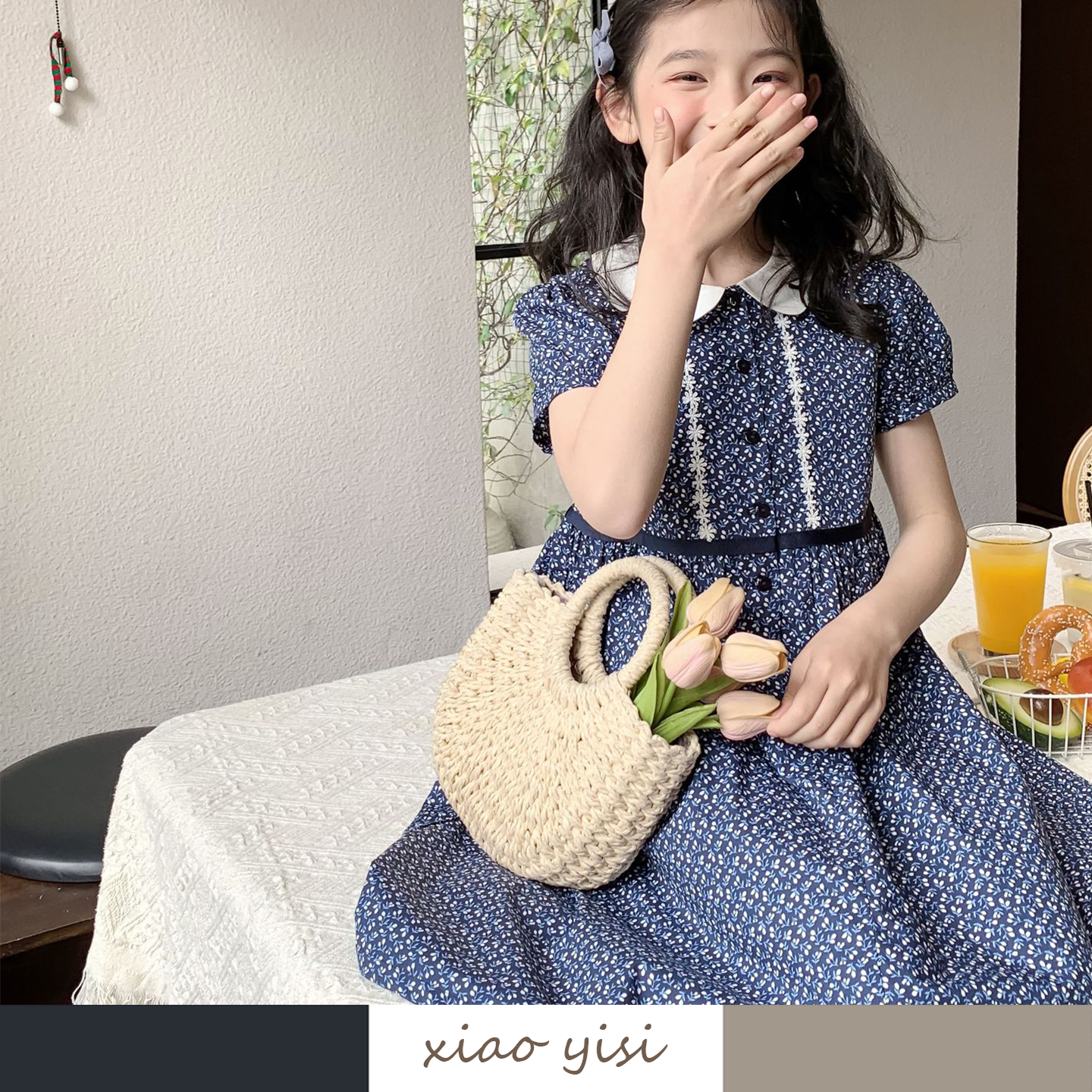 xiaoyisi 26春夏新款女童棉质藏青小花气质短袖连衣裙 碎花裙子