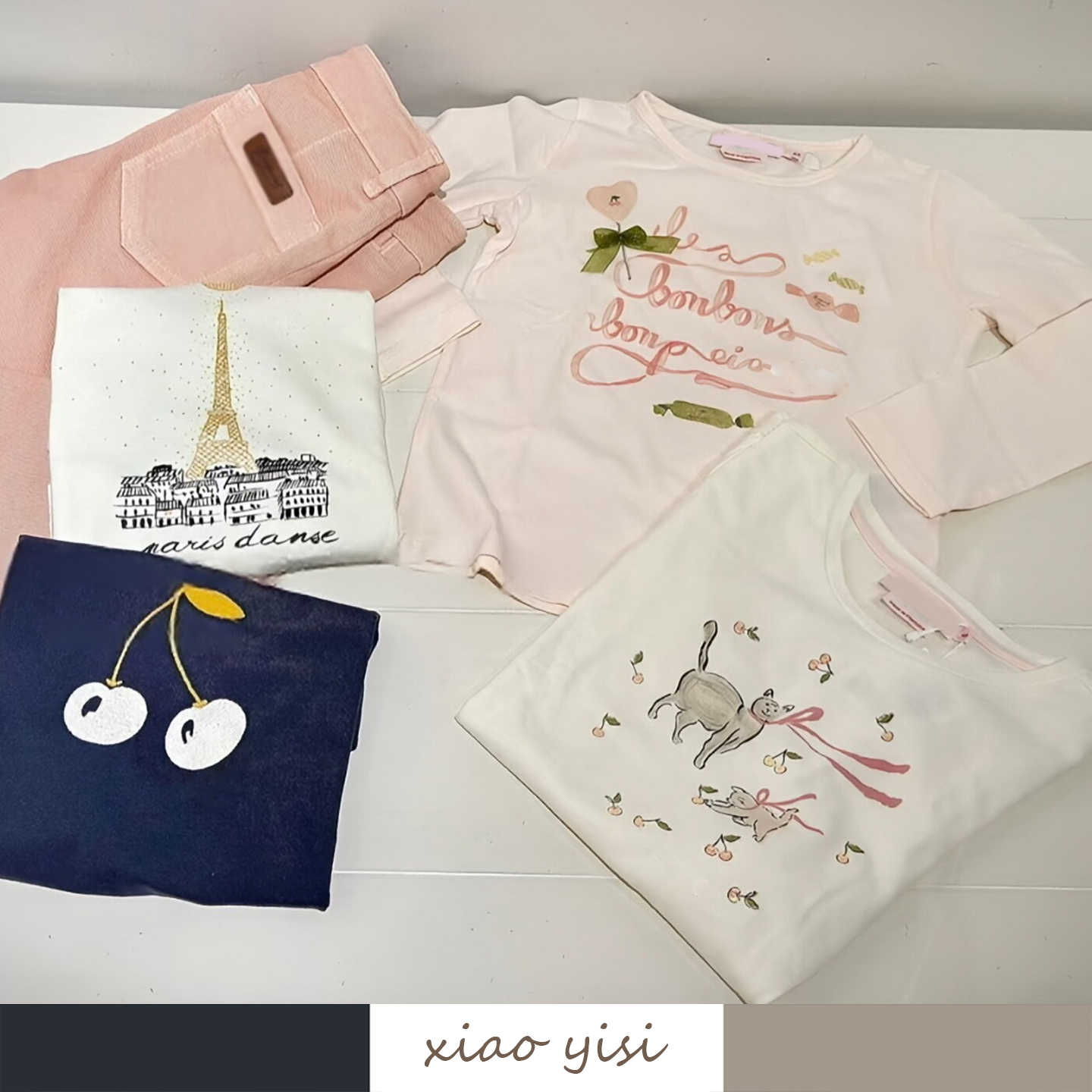 xiaoyisi25秋冬女童樱桃印花长袖T恤系列 儿童法式纯棉圆领打底衫