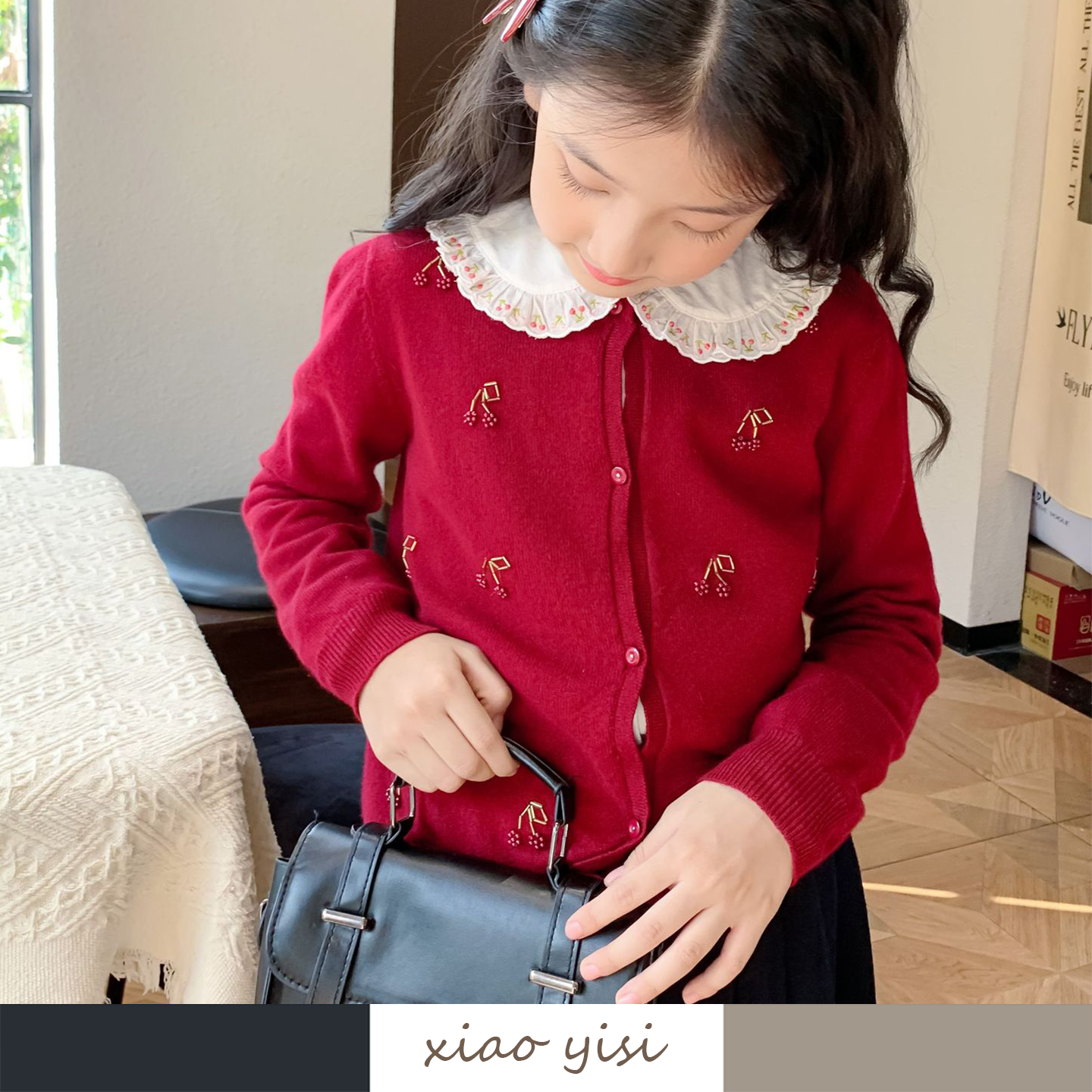 女童红色全羊毛手工串珠樱桃开衫