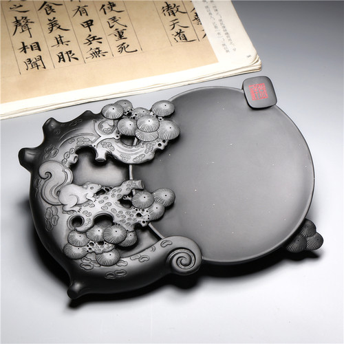 非遗/名师手工砚台/万古长青/天然原石老坑黑龙尾精品高档珍藏文房四宝书法专用歙砚端砚成人研磨墨砚台