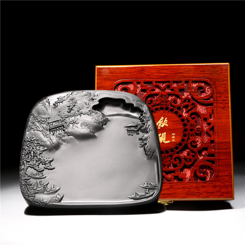 非遗名师歙砚 渔歌唱晚 天然原石手工砚台歙砚可磨墨墨汁高档文房礼端砚携带写生砚文房四宝书法用品