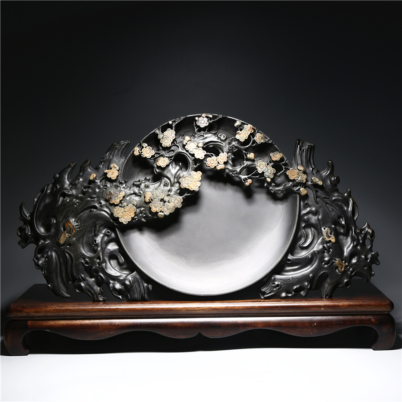 【孤品 一物一图】非遗名师砚台作品/金梅映月/手工雕刻制作老坑原石歙砚天然金晕原石高档文房礼品收藏端砚