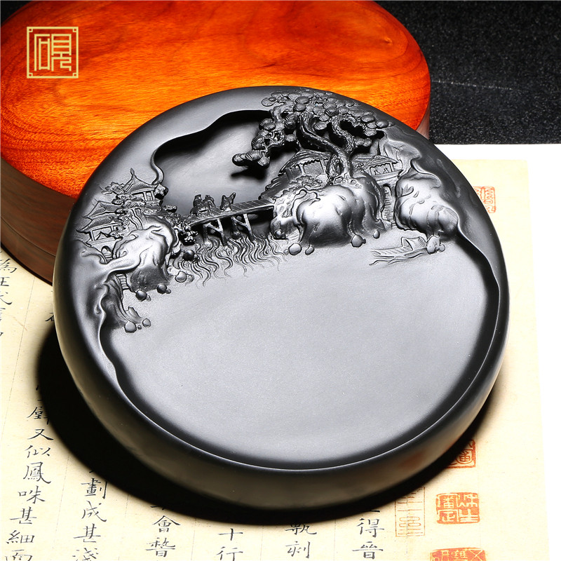 歙砚老坑砚台《溪山行旅》名师作品手工雕刻天然原石砚台歙砚籽料正宗
