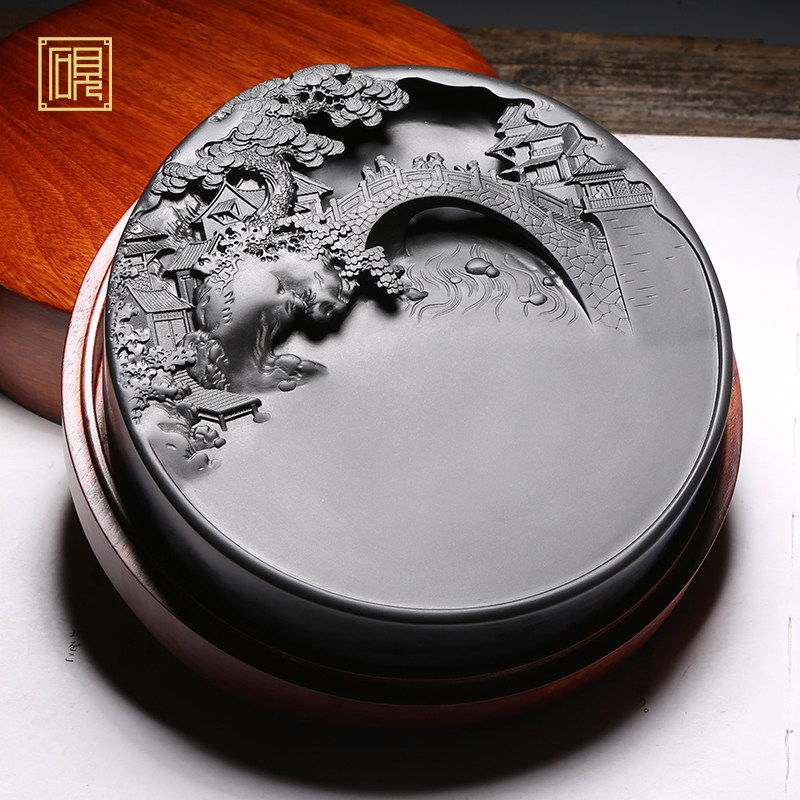 【孤品】匠心非遗 大师砚 高档老坑砚台 珍藏品 手工山水砚老坑黑龙尾金星歙砚精品品高档原石歙砚文房端砚