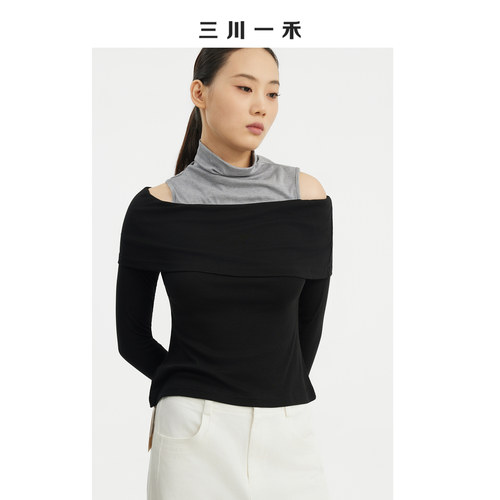 气质假两件双色漏件中领上衣
