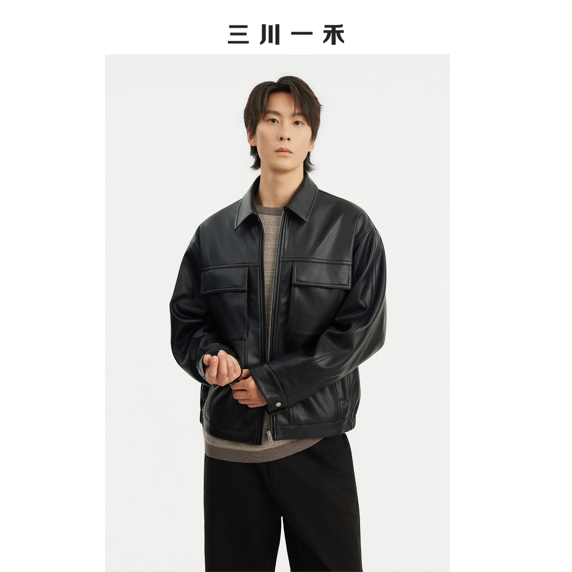 男士时尚翻领机车风皮衣外套