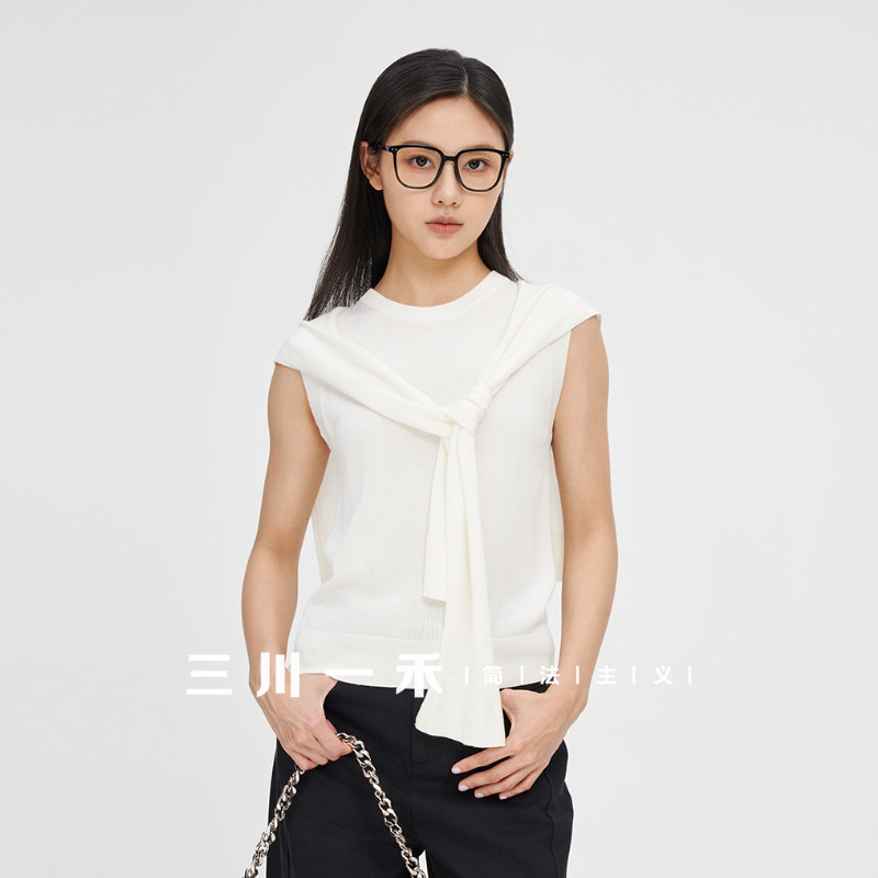 三川一禾女士披肩针织上衣夏季飘带无袖背心时尚通勤百搭简约上衣,女装/女士精品,T恤,淘宝优惠券,粉丝福利购,淘宝优惠卷