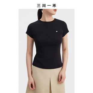 三川一禾女士设计感时髦立体标修身显瘦夏季圆领短袖T恤