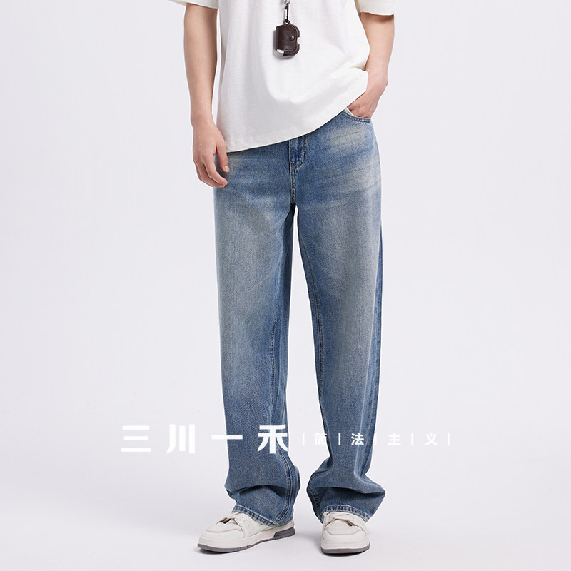 三川一禾男士水洗做旧牛仔裤夏季宽松百搭裤子直筒美式复古阔腿裤,男装,牛仔裤,淘宝优惠券,粉丝福利购,淘宝优惠卷