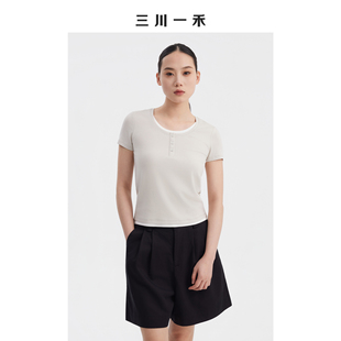 三川一禾2026新款女士夏季圆领时尚简约百搭亨利领假两件短袖T恤