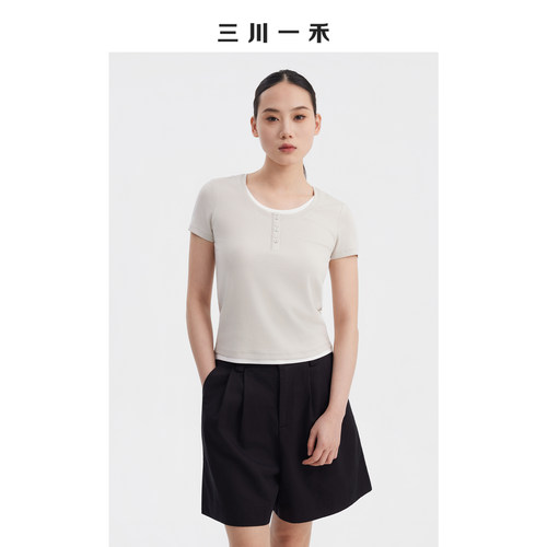 时尚简约百搭亨利领假两件短袖