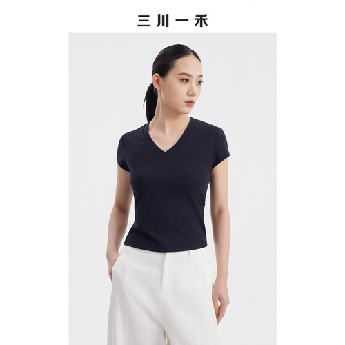 尚V领刺绣休闲短袖T恤上衣
