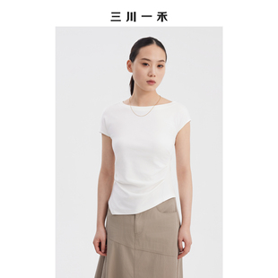 三川一禾气质女士夏季新款设计感潮流时尚斜肩不规则短袖T恤上衣