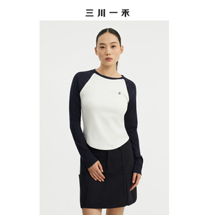三川一禾插肩袖秋季新款女士圆领收腰显瘦内搭外穿撞色刺绣针织衫
