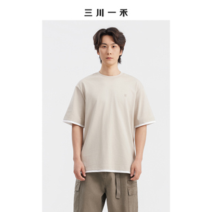 三川一禾圆领假两件男士夏季刺绣logo拼白边时尚宽松短袖T恤上衣