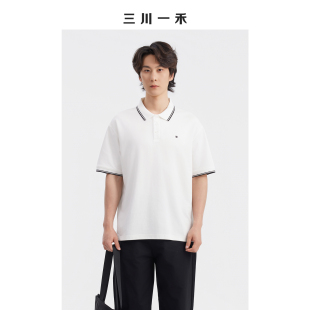 三川一禾2026夏季新款男士商务拼条领刺绣排扣POLO衫上衣