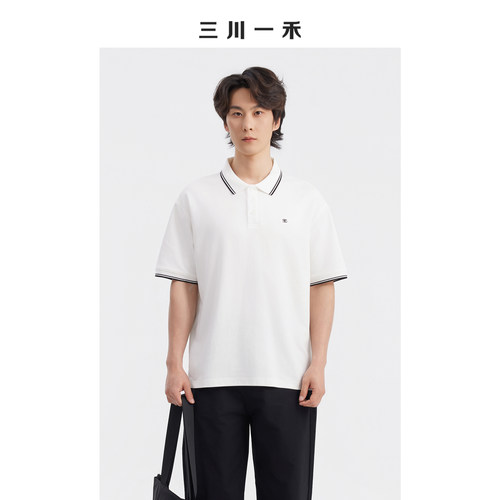 新款男士拼条领刺绣排扣POLO衫