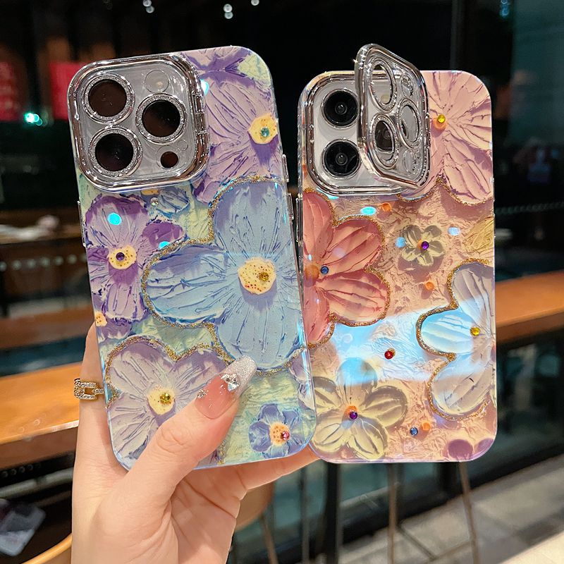 适用苹果系列iPhone16新款手机壳15pro14promax时尚优雅油画花朵13pro16promax银灰色闪粉镜头支架网红保护套