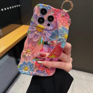 适用苹果系列iPhone15新款手机壳14promax/13pro/12蓝光扭扭边腕带懒人支架小众ins风创意粉红花网红保护套