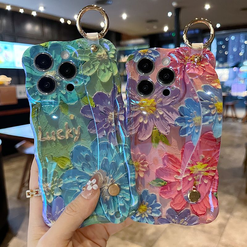 适用苹果系列iPhone16新款手机壳15pro14promax复古蓝色樱花13pro16promax全包镜头膜扭扭边腕带防摔保护套
