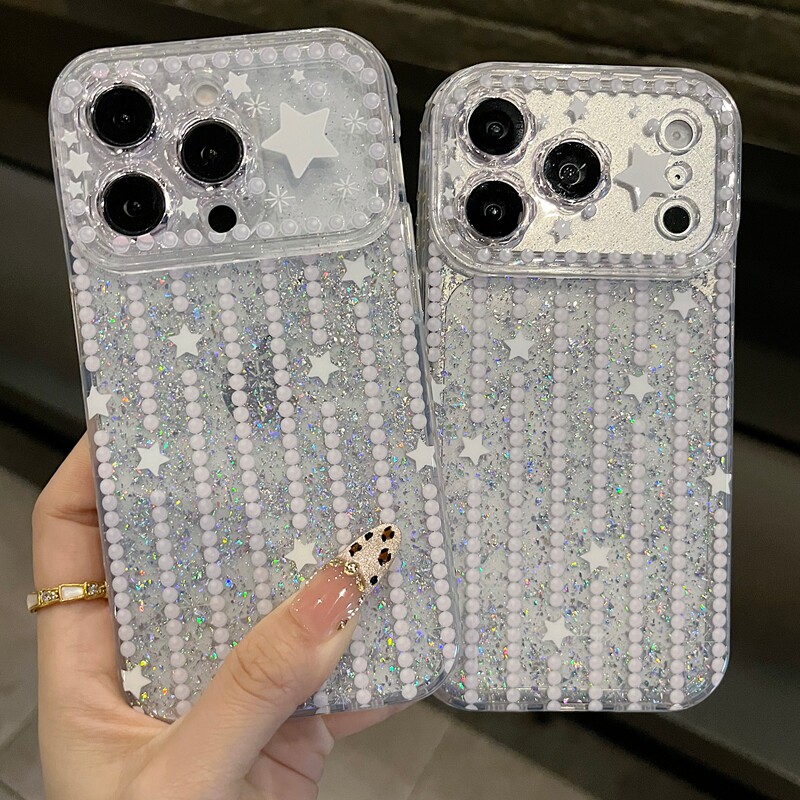 适用苹果系列iPhone17新款手机壳13pro/16promax星星珍蕾丝爆闪15promax14promax全包闪粉花朵镜框网红保护套