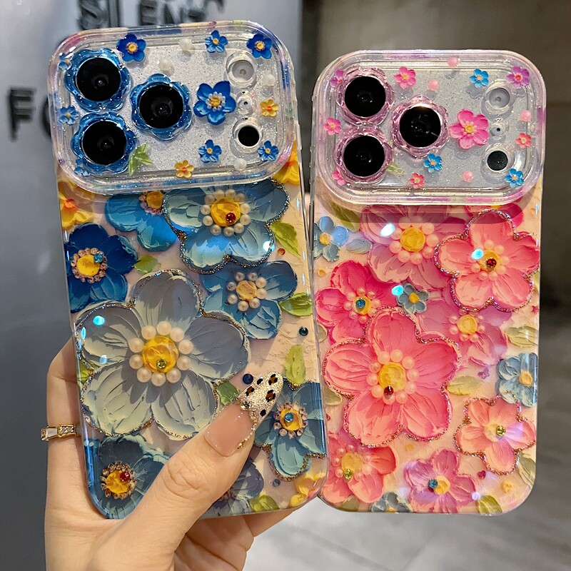 适用苹果系列iPhone17新款手机壳13pro/16promax油画粉调花15promax14promax全包闪粉花朵镜框防摔网红保护套