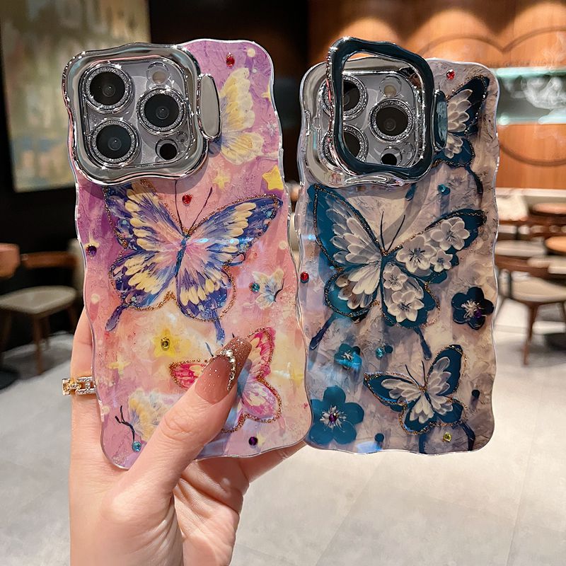 适用苹果系列iPhone16新款手机壳15pro14promax优雅高级黑色蝴蝶13pro16promax全包支架闪粉镜头膜网红保护套